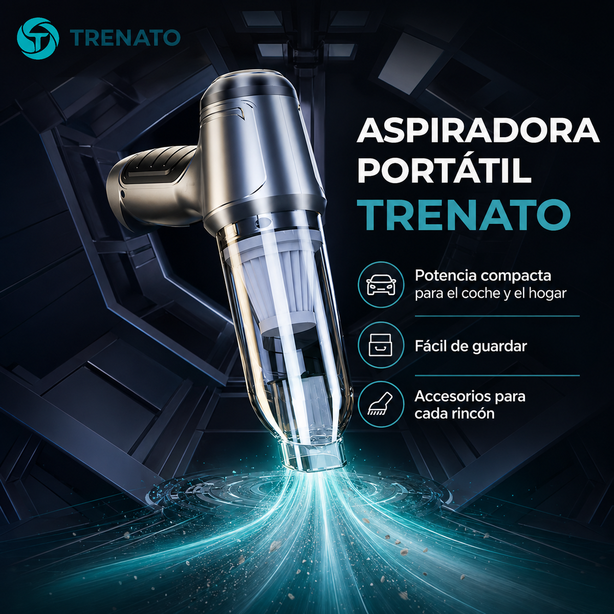 Aspiradora portátil TRENATO para coche y hogar con accesorios y efecto visual de succión.